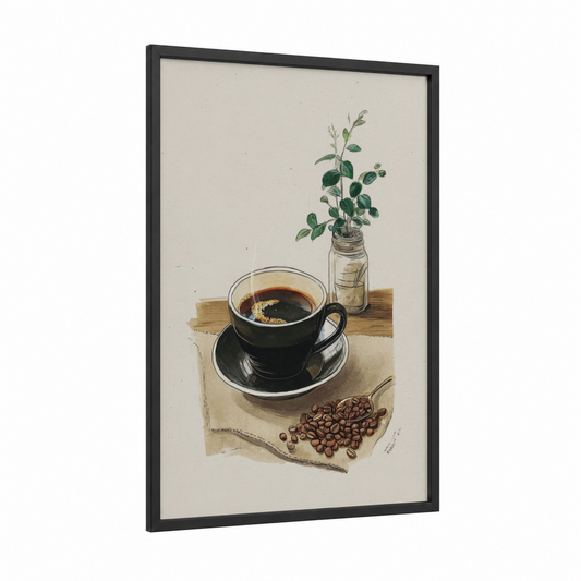 Morning Coffee Ritual framed art print — black wood frame — cream and brown palette