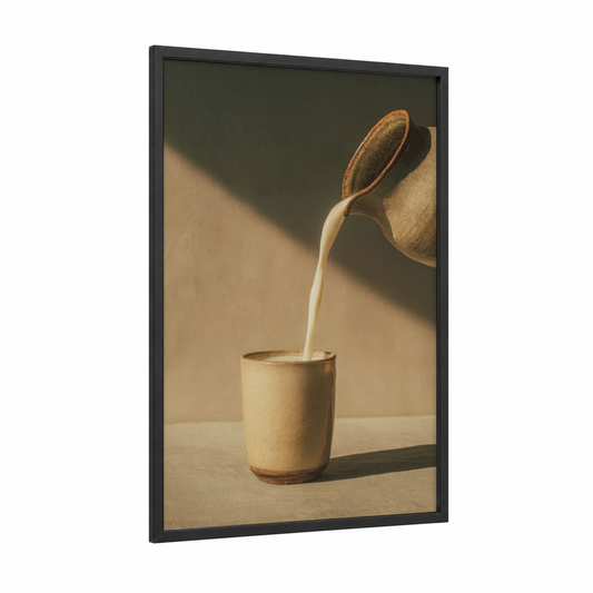 Pouring Milk framed art print — black wood frame — beige and brown palette