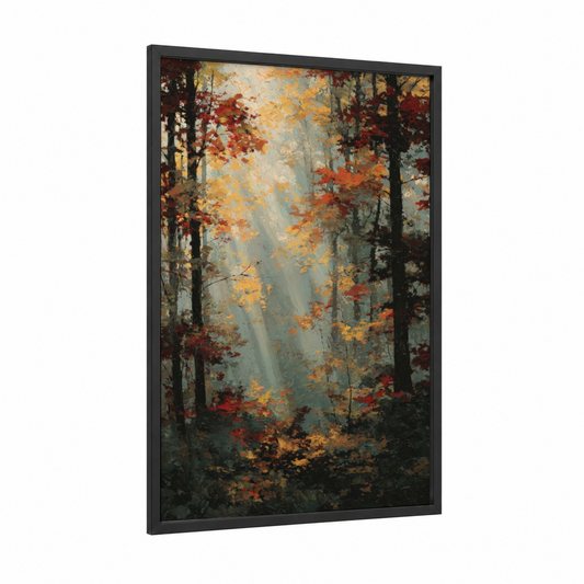 Misty Maple Forest framed art print — black wood frame — gold and russet palette