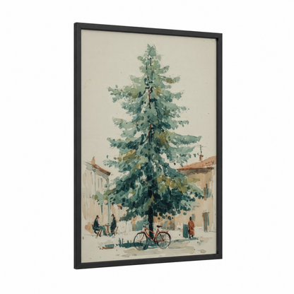 Snowy Cedar framed cedar tree print — black wood frame — sage green and cream palette