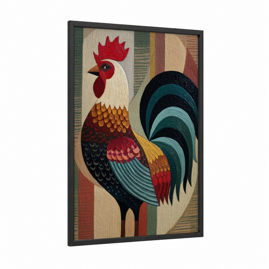 Crimson Rooster framed chicken and roosters print — black wood frame — red and teal palette