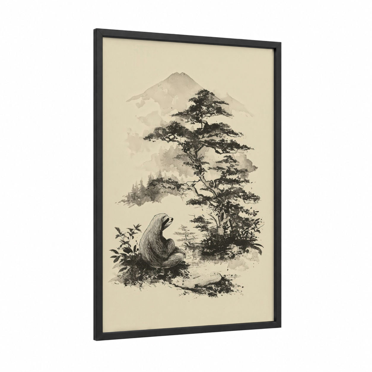 Mountain Sloth framed art print — black wood frame — black and white and cream palette
