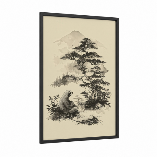 Mountain Sloth framed art print — black wood frame — black and white and cream palette