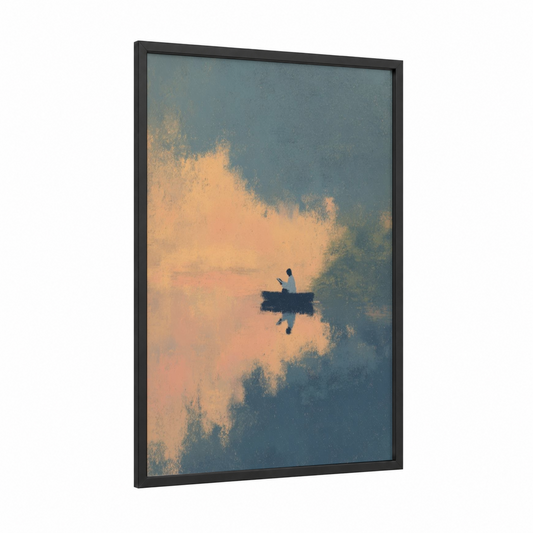 Solitary Reader framed reading print — black wood frame — blue and gold and dove gray palette
