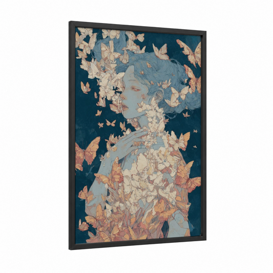 Butterfly Ghost framed art print — black wood frame — teal and peach palette