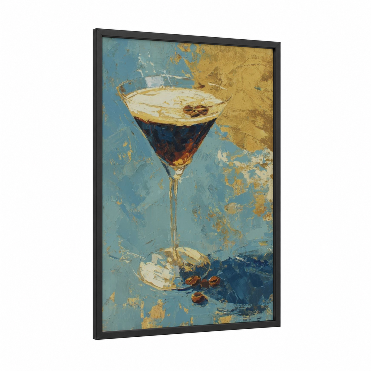 Espresso Martini framed cocktail print — black wood frame — blue and gold and blue palette