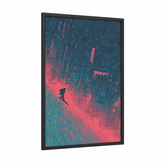 Neon Slope Rider framed snowboarding print — black wood frame — magenta and dark blue palette