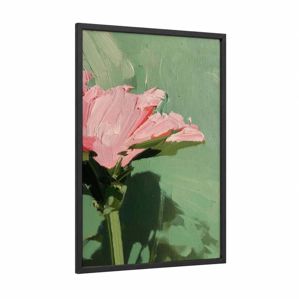 Pink Carnation Modern framed abstract flower print — black wood frame — pink and sage green palette
