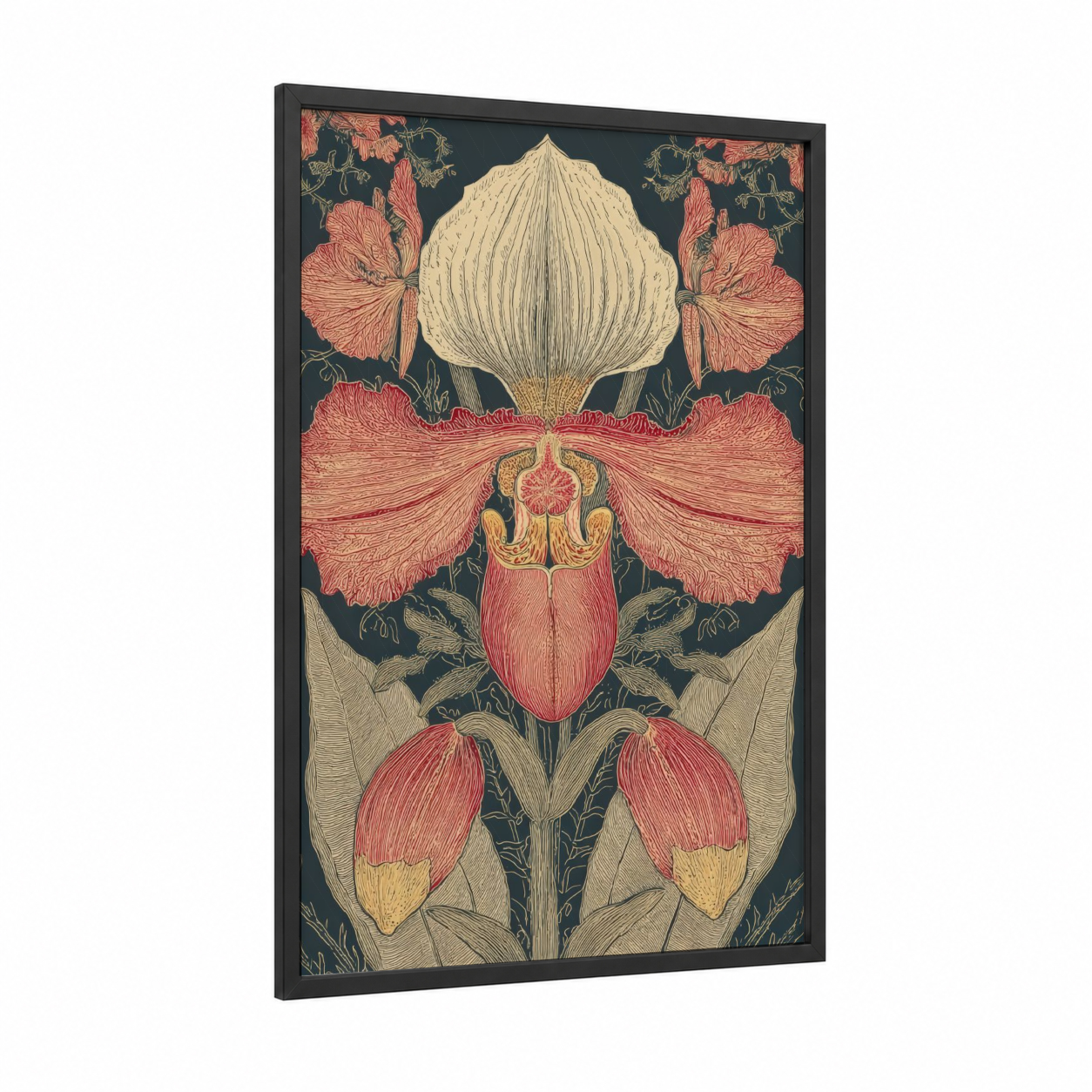 Crimson Lady Orchid framed art print — black wood frame — rose gold and dark green palette