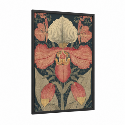 Crimson Lady Orchid framed art print — black wood frame — rose gold and dark green palette