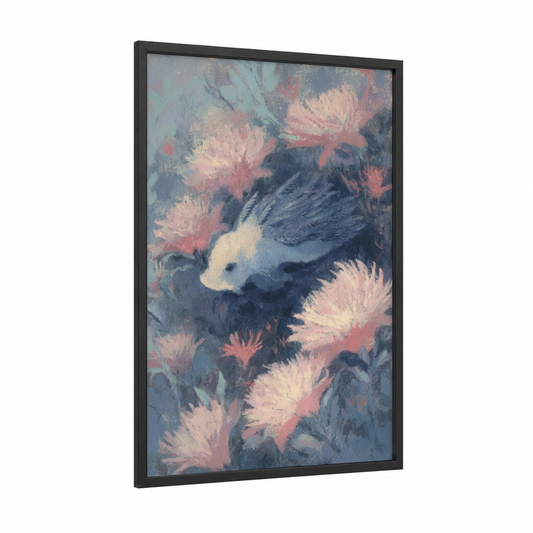 Crimson Nudibranch framed art print — black wood frame — blue and gray palette