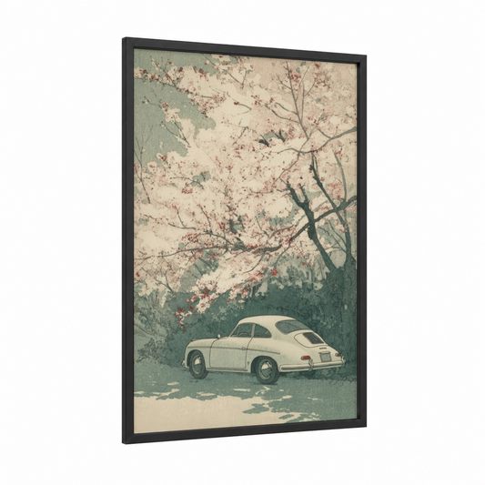 Blossom Porsche framed classic car print — black wood frame — sage green and beige palette
