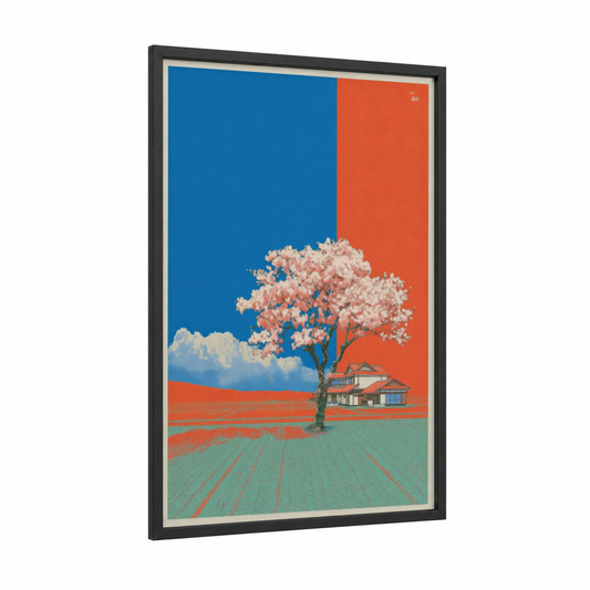 Blossom Farmhouse framed japanese y2k print — black wood frame — blue and orange palette