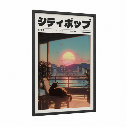 Sunset Cat Balcony framed anime and manga print — black wood frame — gold and teal palette