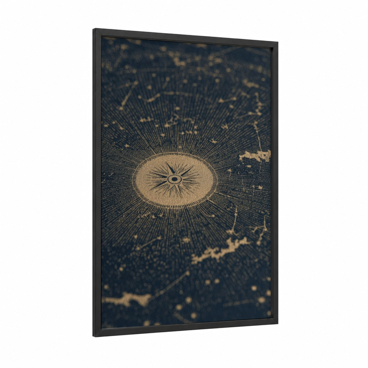 Vintage Compass framed art print — black wood frame — dark blue and gold palette