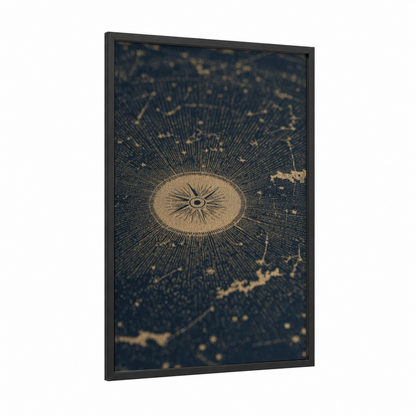 Vintage Compass framed art print — black wood frame — dark blue and gold palette