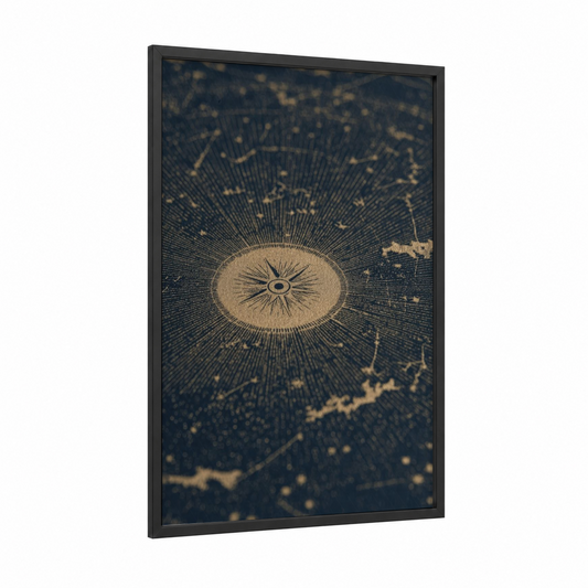 Vintage Compass framed art print — black wood frame — dark blue and gold palette