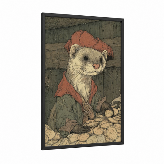 Dapper Weasel framed art print — black wood frame — russet and sage green palette