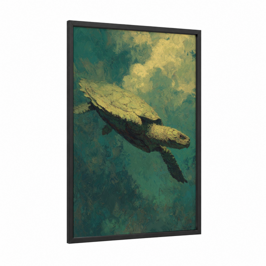 Ancient Sea Turtle framed art print — black wood frame — teal and gold palette