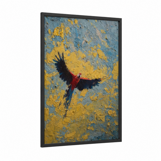Tropical Macaw framed art print — black wood frame — blue and gold and red palette