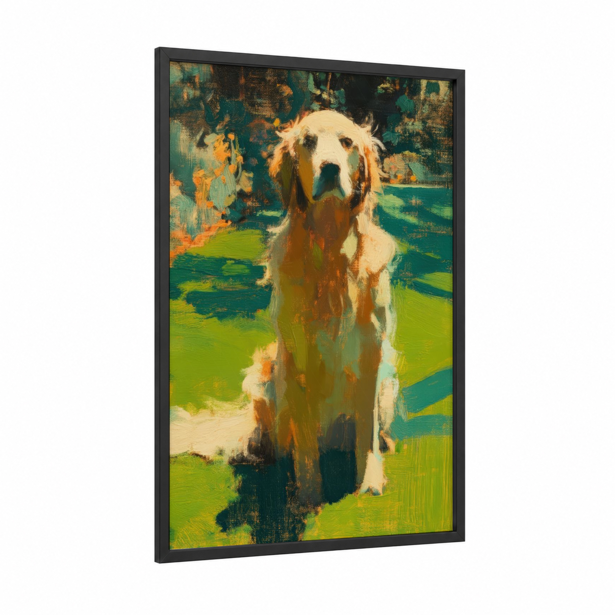 Golden Field Retriever framed art print — black wood frame — gold and green palette