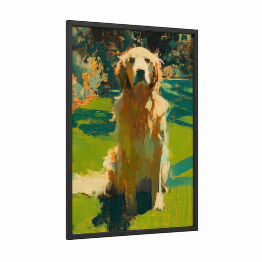 Golden Field Retriever framed art print — black wood frame — gold and green palette