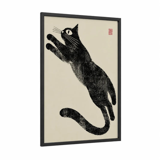 Japanese Black Cat Wall Art framed art print — black wood frame — black and white and beige palette