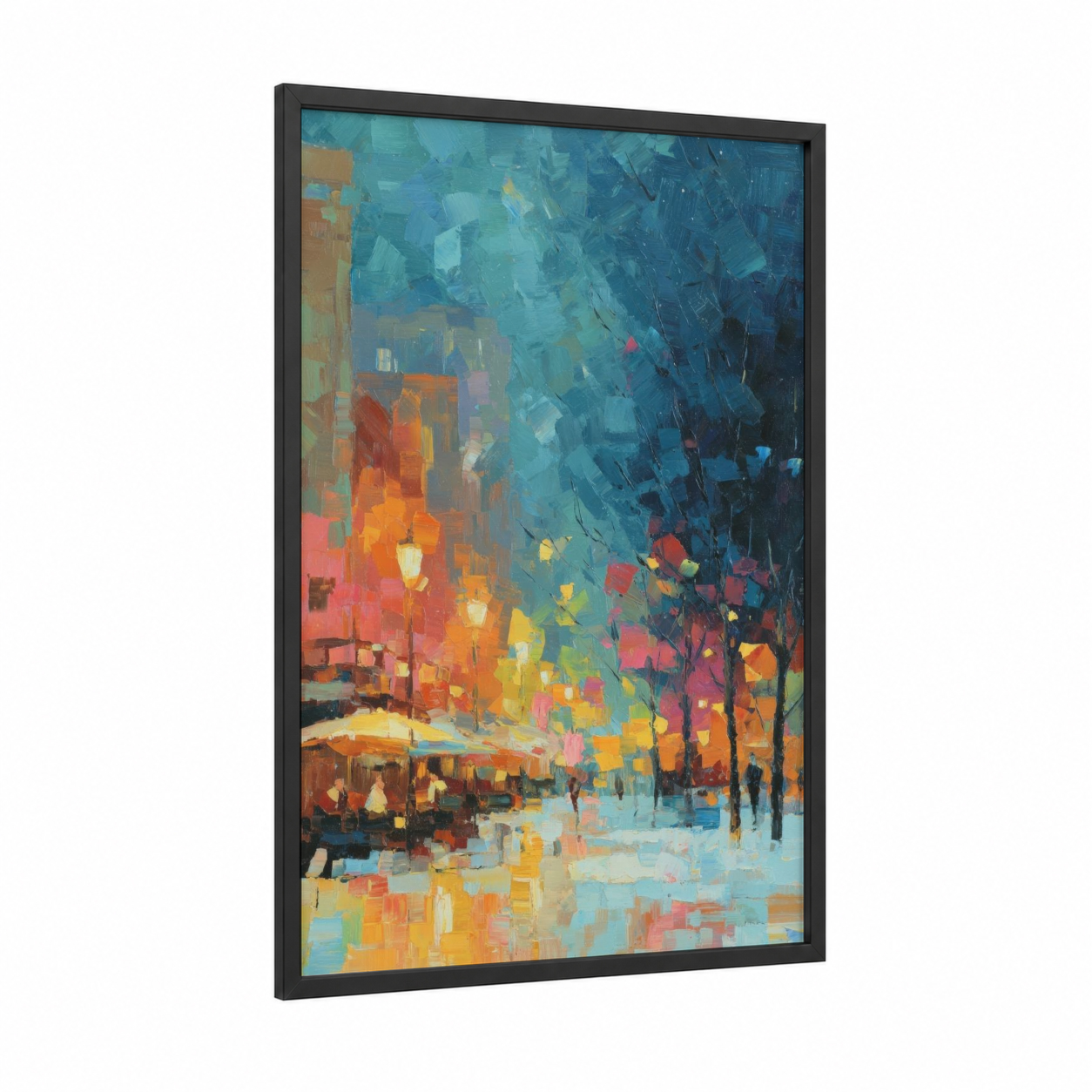 Festive Urban Lights framed christmas print — black wood frame — blue and gold and orange palette