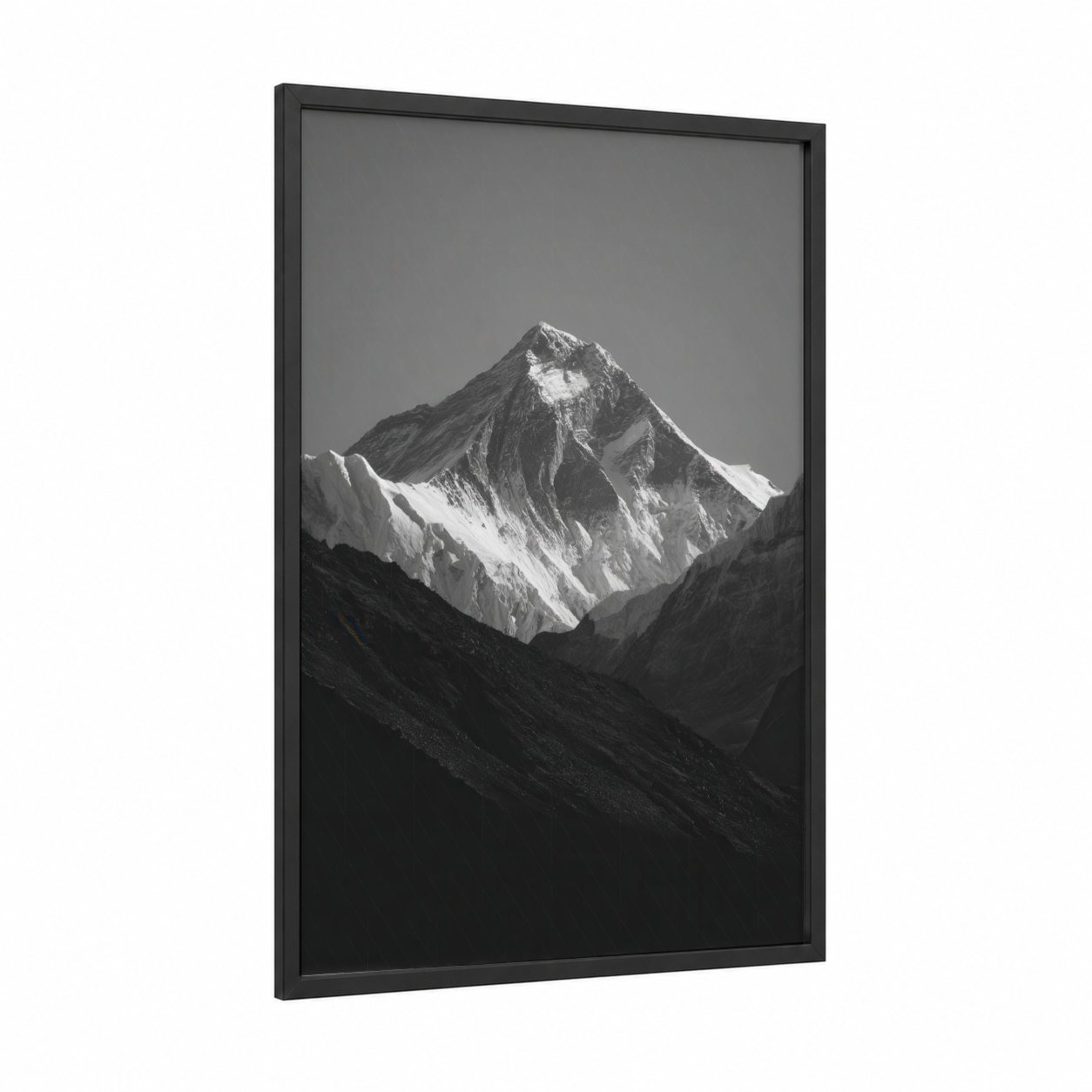 Snowy Everest Peak framed mount everest print — black wood frame — black and white palette