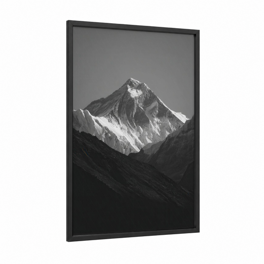 Snowy Everest Peak framed mount everest print — black wood frame — black and white palette