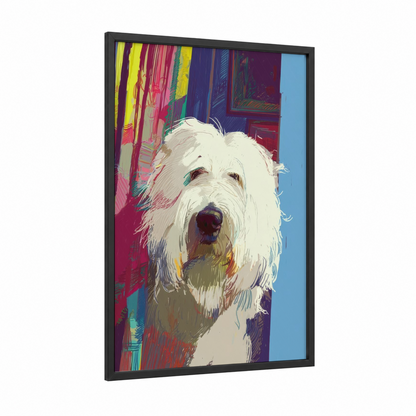 White Terrier Portrait framed shepherd dogs and collies print — black wood frame — magenta and blue palette