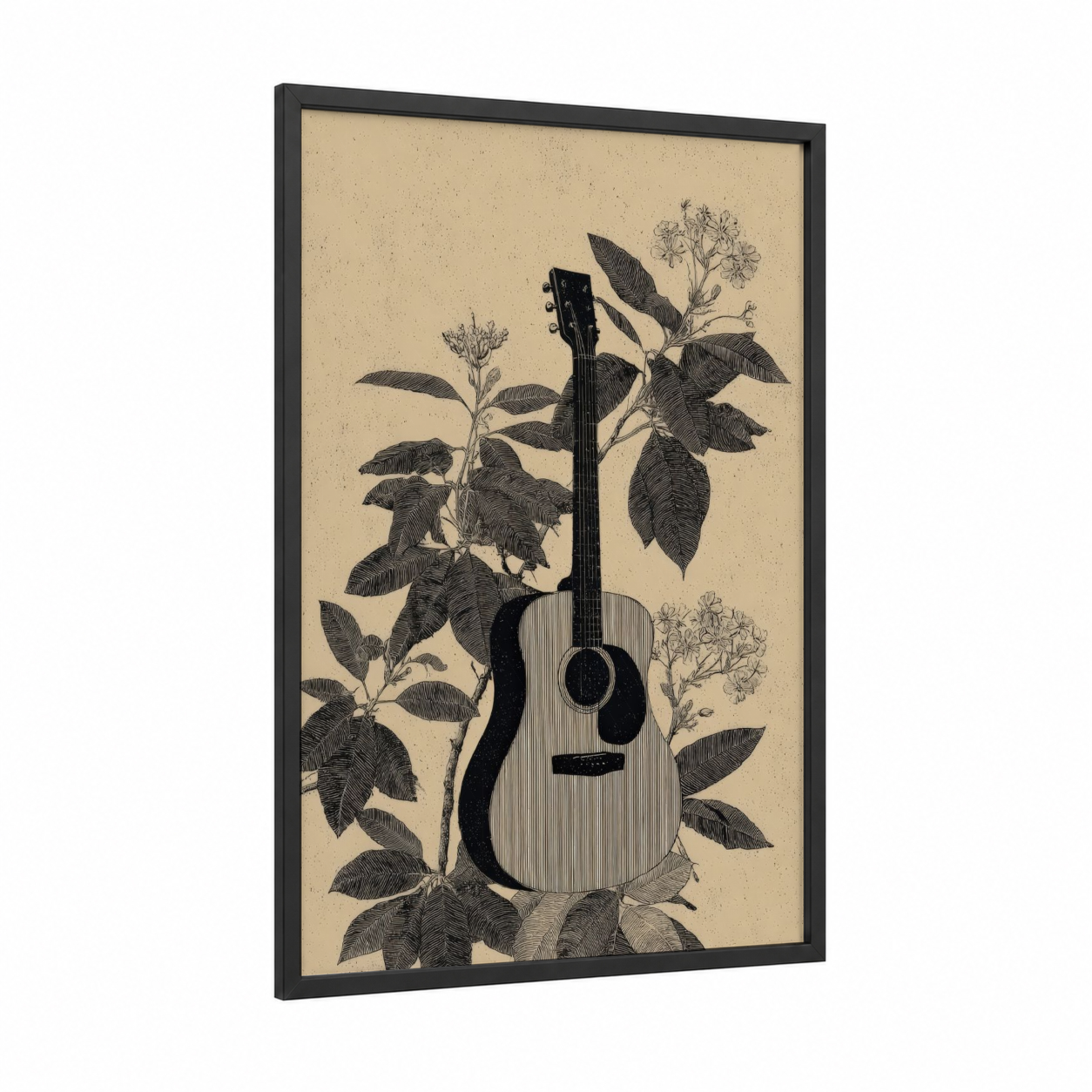 Botanical Guitar framed acoustic guitar print — black wood frame — black and white and beige palette