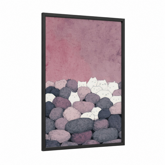 Whimsical Cat Masonry framed art print — black wood frame — pink and gray palette