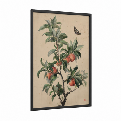 Peach Branch Butterfly framed fruit trees print — black wood frame — cream and light green palette