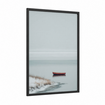 Solitary Red Boat framed lakes print — black wood frame — blue and white and dove gray palette