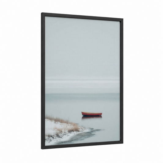 Solitary Red Boat framed lakes print — black wood frame — blue and white and dove gray palette