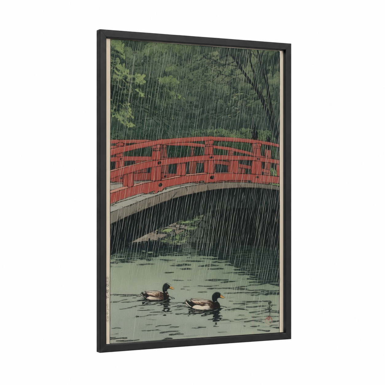 Rainy Bridge Ducks framed art print — black wood frame — dark green and red palette