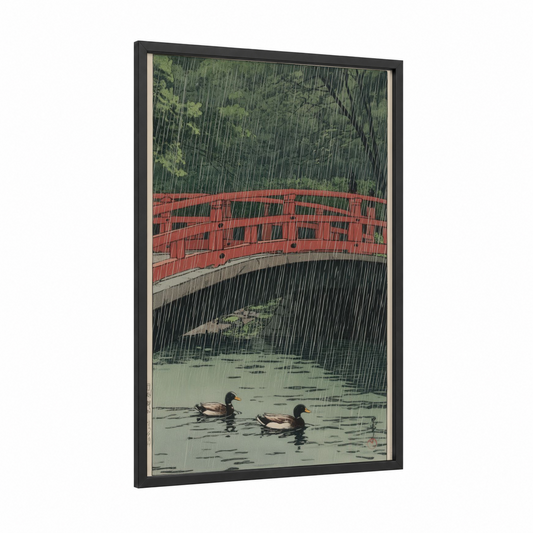 Rainy Bridge Ducks framed art print — black wood frame — dark green and red palette