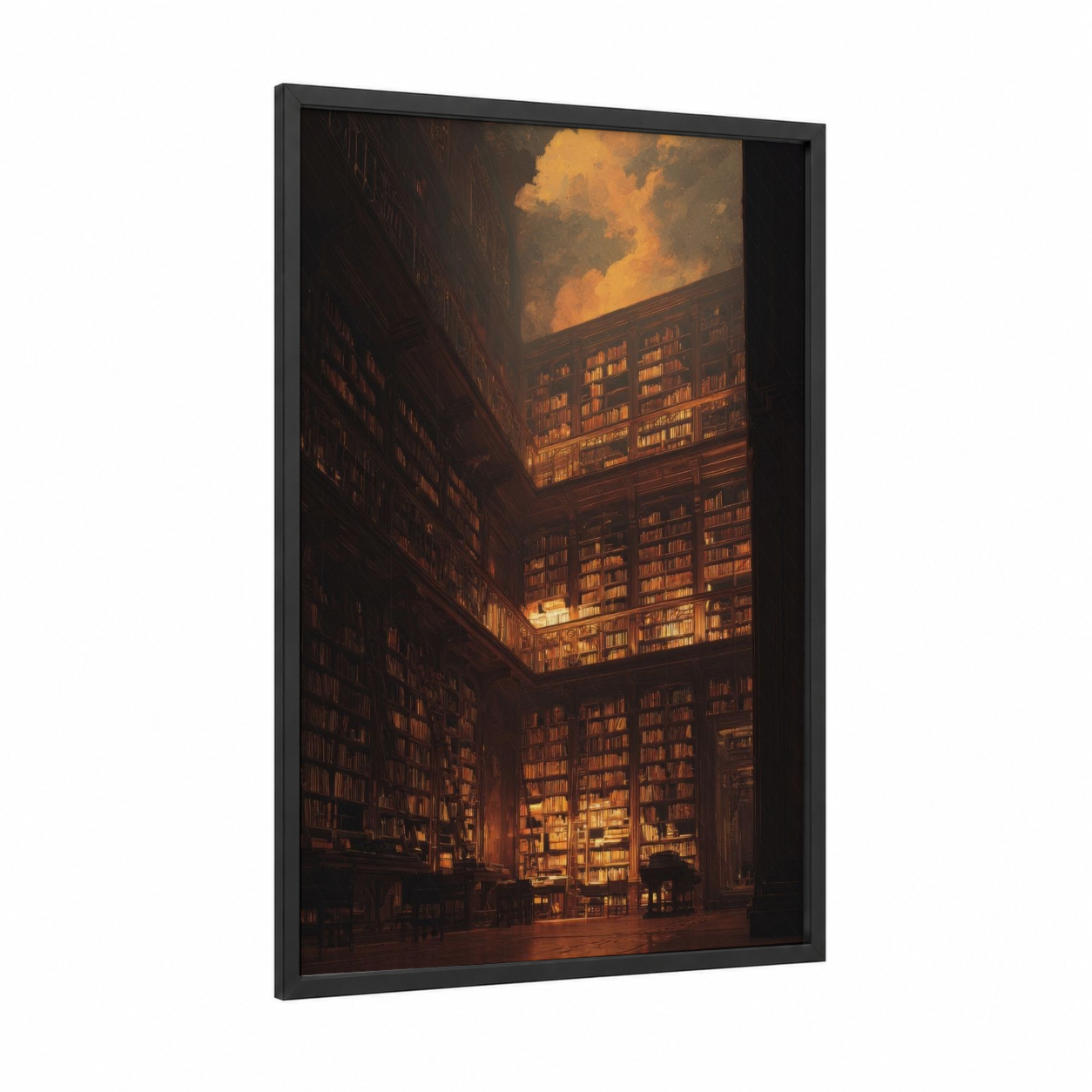 Golden Library Atrium framed art print — black wood frame — gold and brown palette