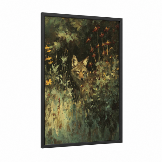 Wildflower Coyote framed art print — black wood frame — gold and dark green palette