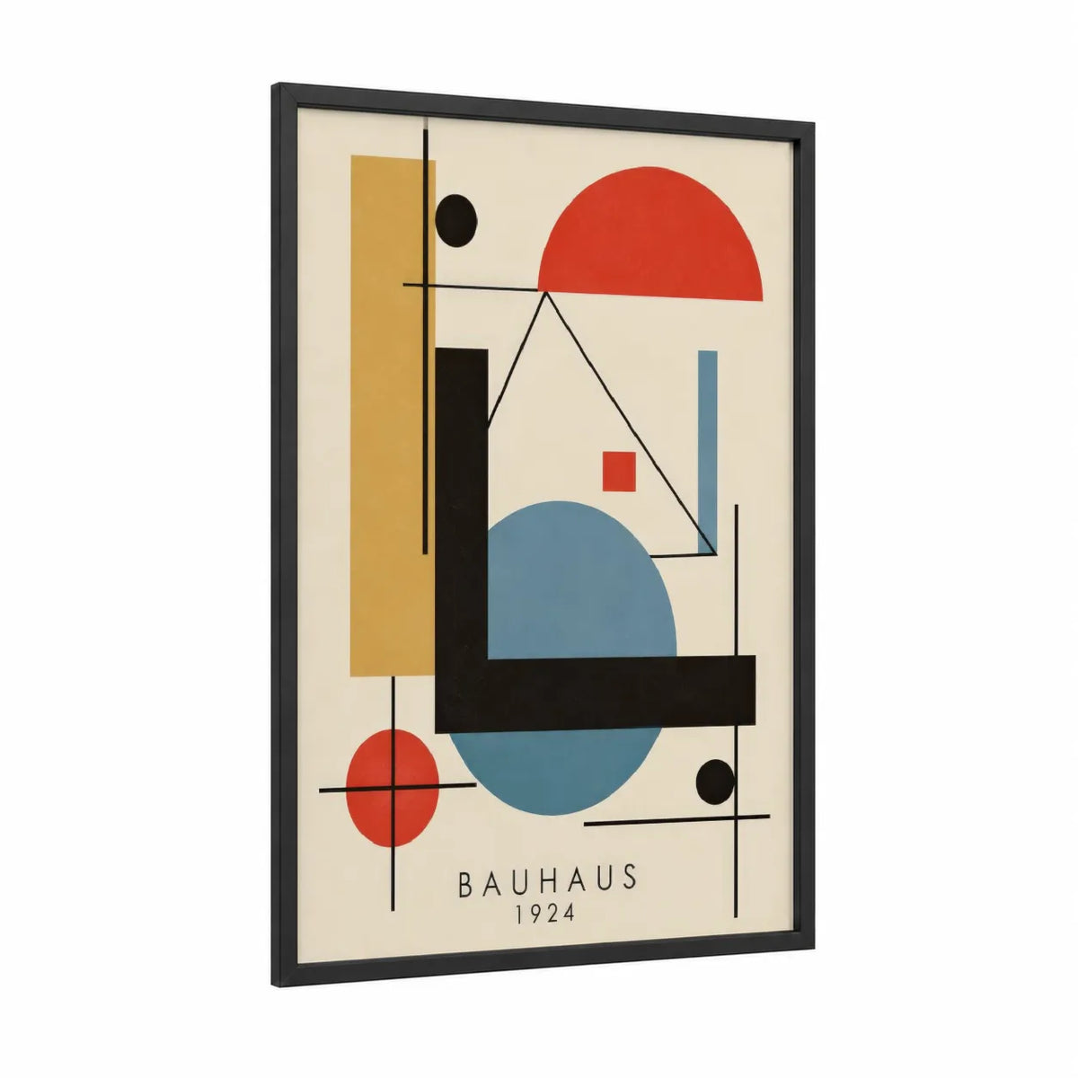 Bauhaus Geometric Abstract Wall Art framed abstract geometric print — black wood frame — beige and blue palette