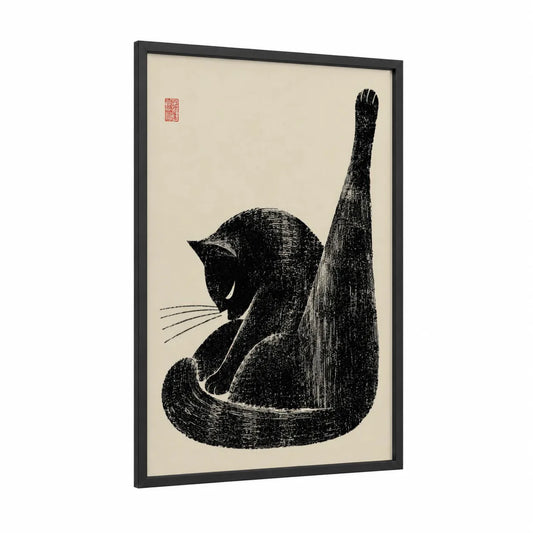 Japanese Black Cat Silhouette Wall Art framed art print — black wood frame — black and beige palette