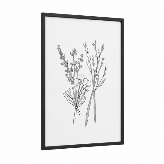 Botanical Grasses framed art print — black wood frame — black and white palette