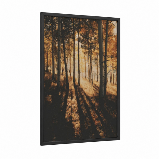 Golden Aspen Forest framed art print — black wood frame — gold and black palette