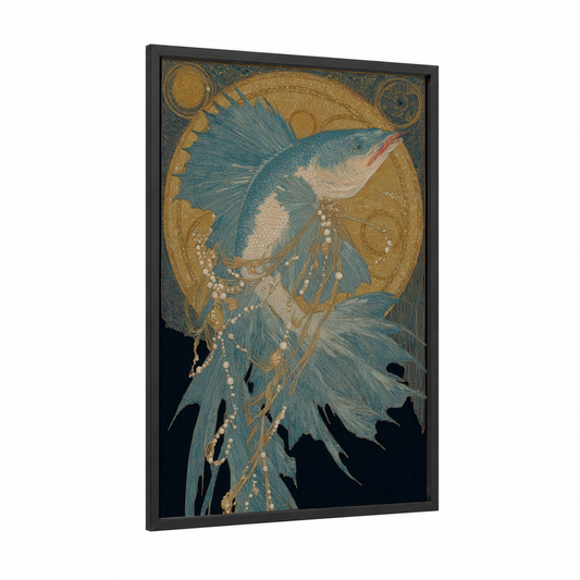 Golden Sailfish framed art print — black wood frame — gold and teal palette