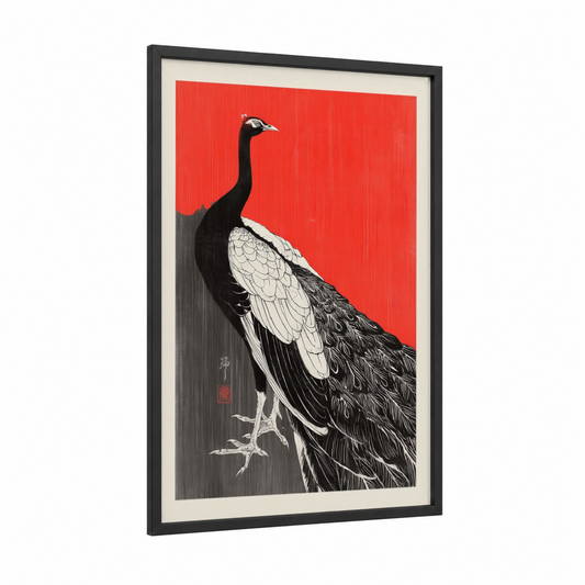 Crimson Peacock framed art print — black wood frame — red and black and white palette