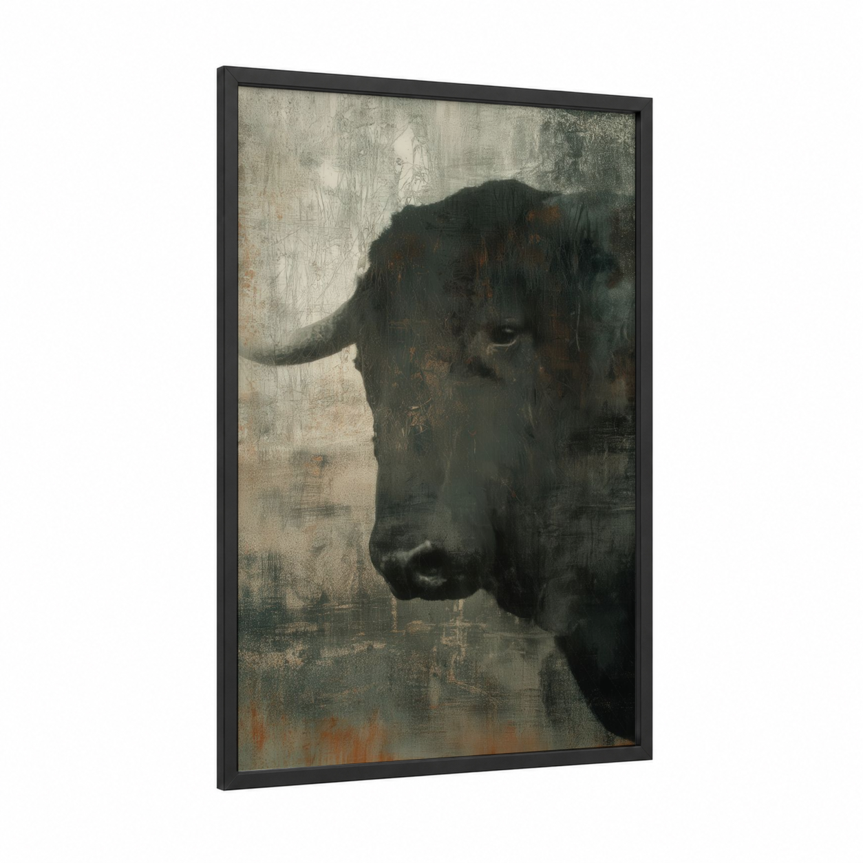 Contemplative Bull framed art print — black wood frame — gray and brown palette