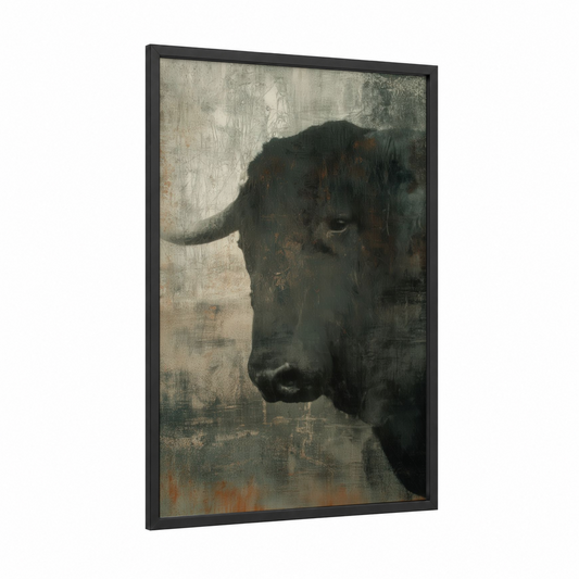 Contemplative Bull framed art print — black wood frame — gray and brown palette