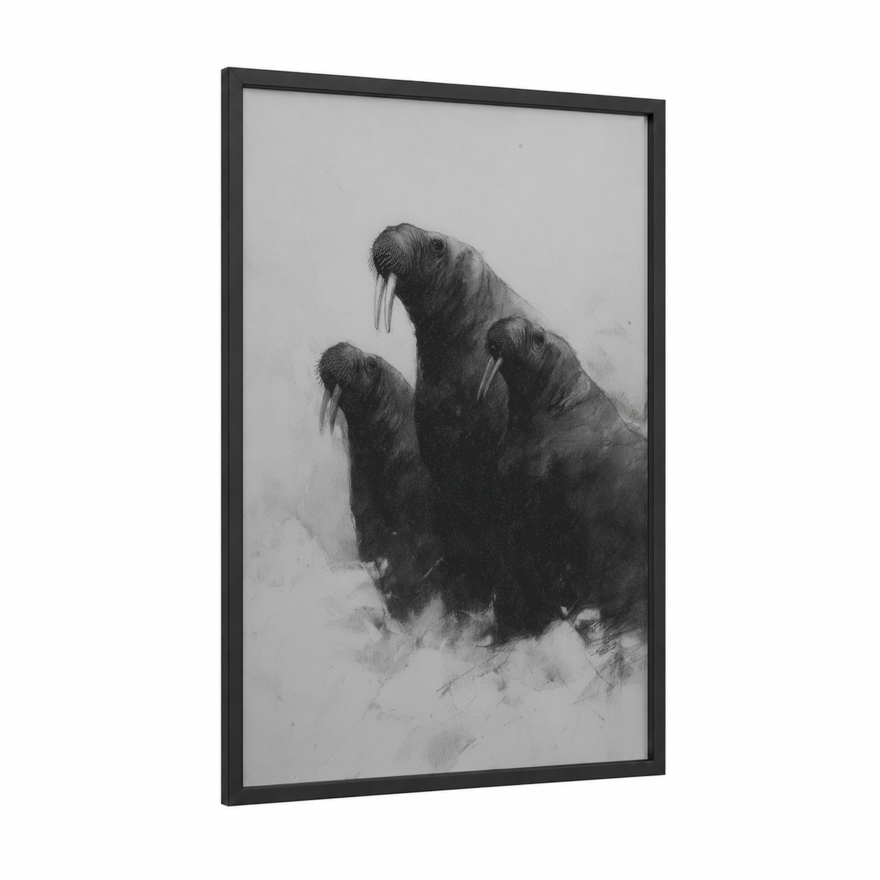 Arctic Walrus Pair framed art print — black wood frame — black and white and gray palette