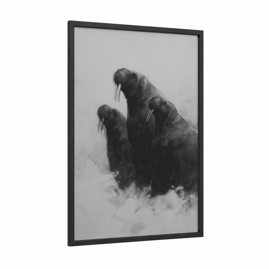Arctic Walrus Pair framed art print — black wood frame — black and white and gray palette